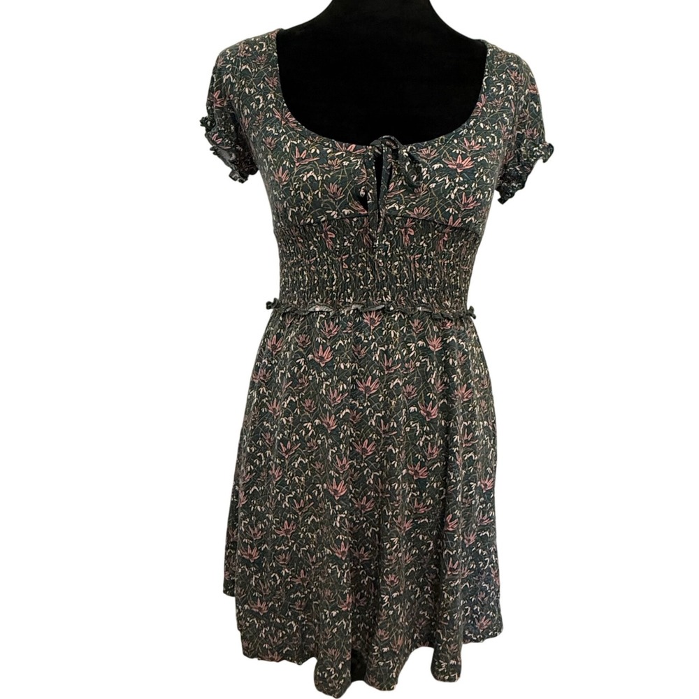 Urban Outfitters Floral Smocked‎ Waist Mini Dress Teal Pink Small Keyhole Boho
